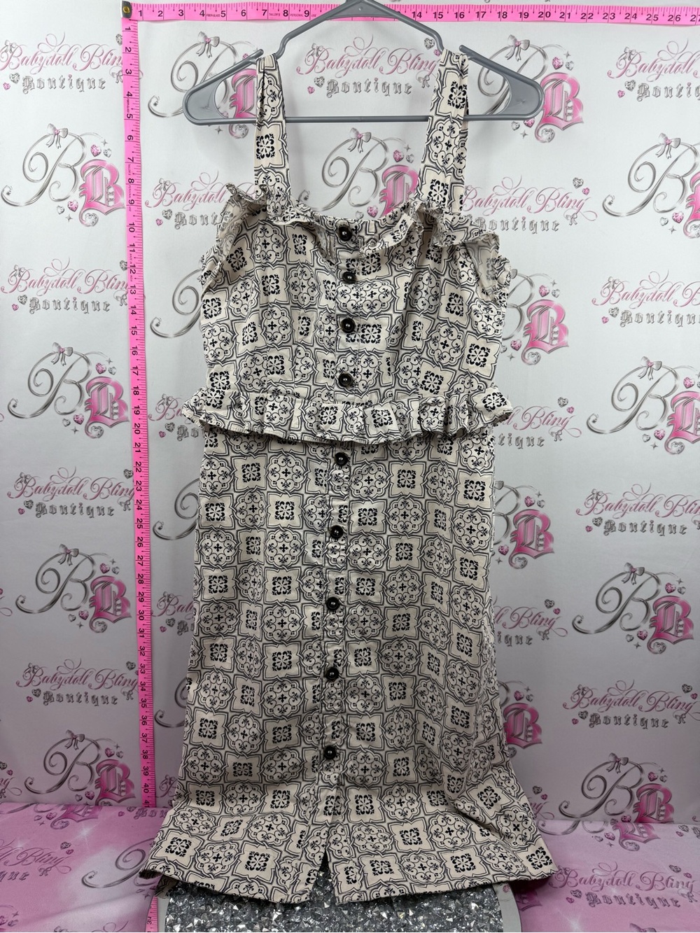 Ann Taylor dress squares Cream and Black Patterned Ruffle Sundress
